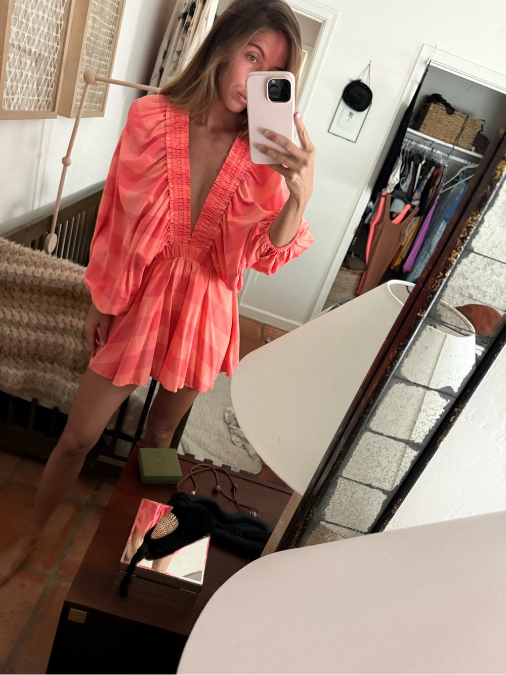 Coral Pink Deep-V Smocked Waist Romper